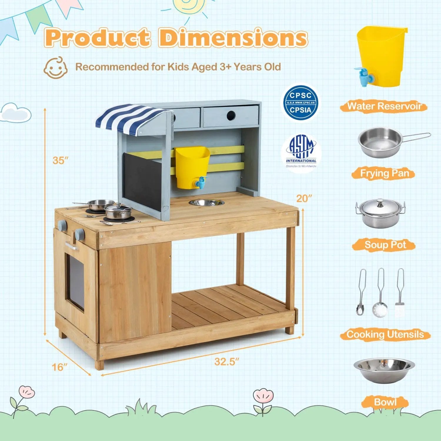 Kids Wooden Mud Kitchen Playset with Canopy and Faucet by DirectDeals