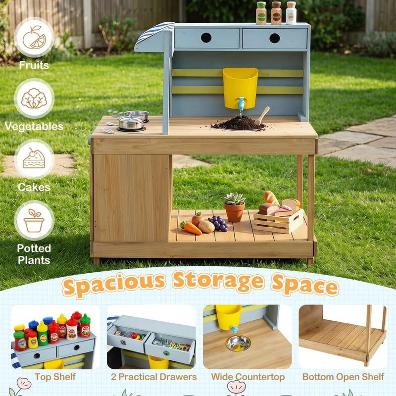 Kids Wooden Mud Kitchen Playset with Canopy and Faucet by DirectDeals
