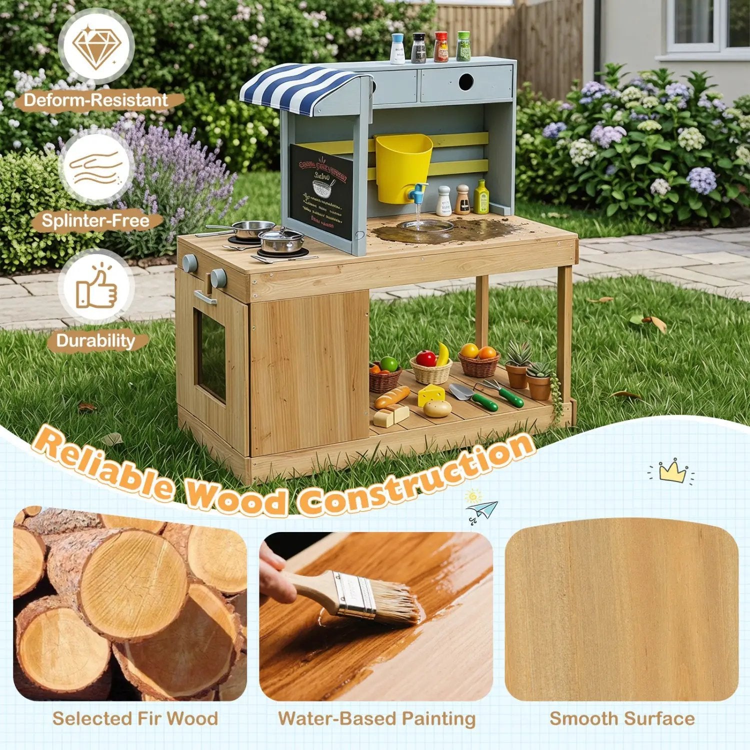 Kids Wooden Mud Kitchen Playset with Canopy and Faucet by DirectDeals