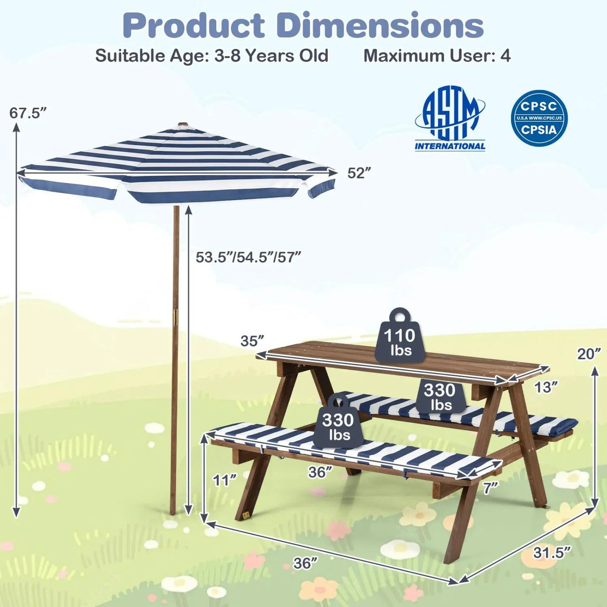 Fir Wood Kids Picnic Table with 2 Built-in Benches and Umbrella by DirectDeals