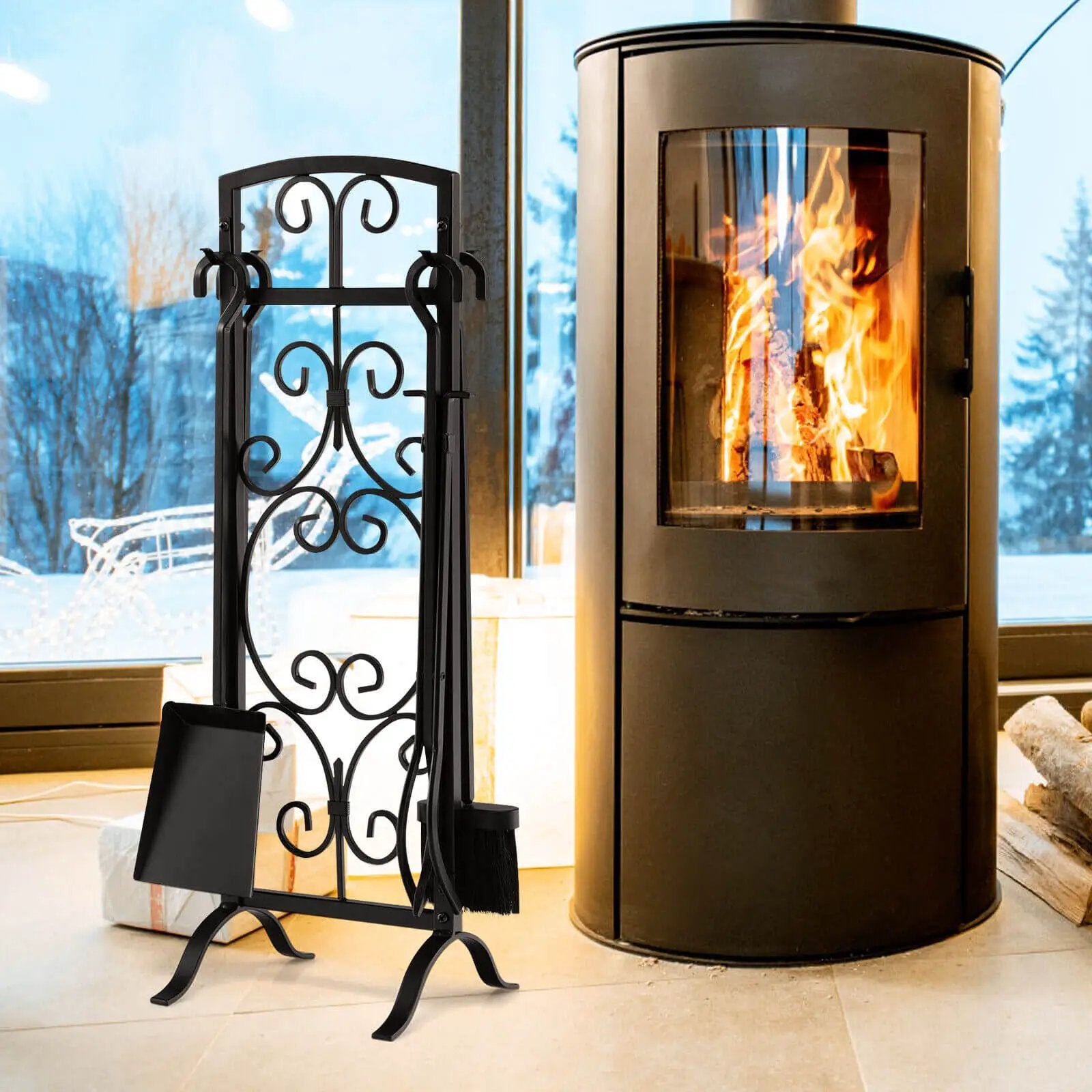 5 Piece Wrought Iron Fireplace Tools with Decor Holder-Black by DirectDeals