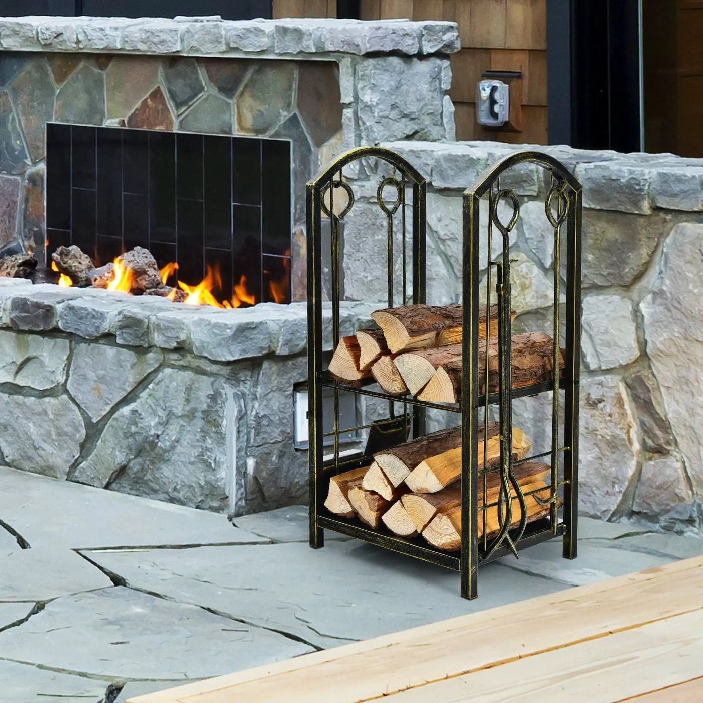 Fireplace Log Rack with 4 Tools Set Fireside Firewood Holder by DirectDeals