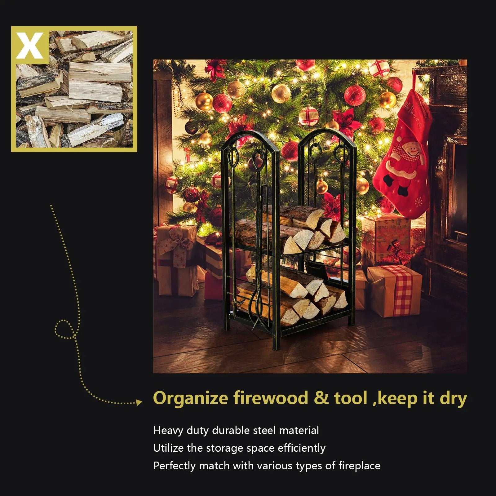 Fireplace Log Rack with 4 Tools Set Fireside Firewood Holder by DirectDeals