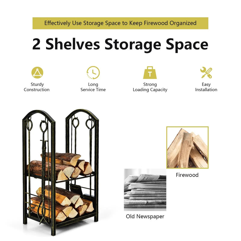 Fireplace Log Rack with 4 Tools Set Fireside Firewood Holder by DirectDeals