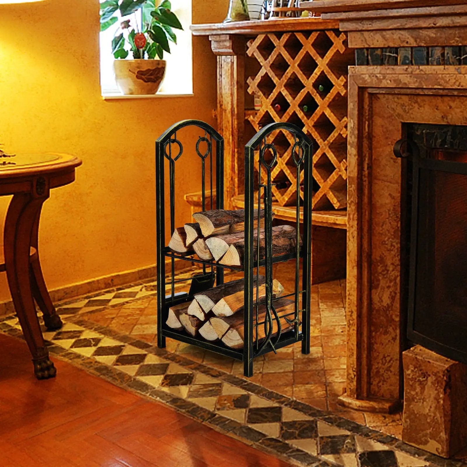 Fireplace Log Rack with 4 Tools Set Fireside Firewood Holder by DirectDeals