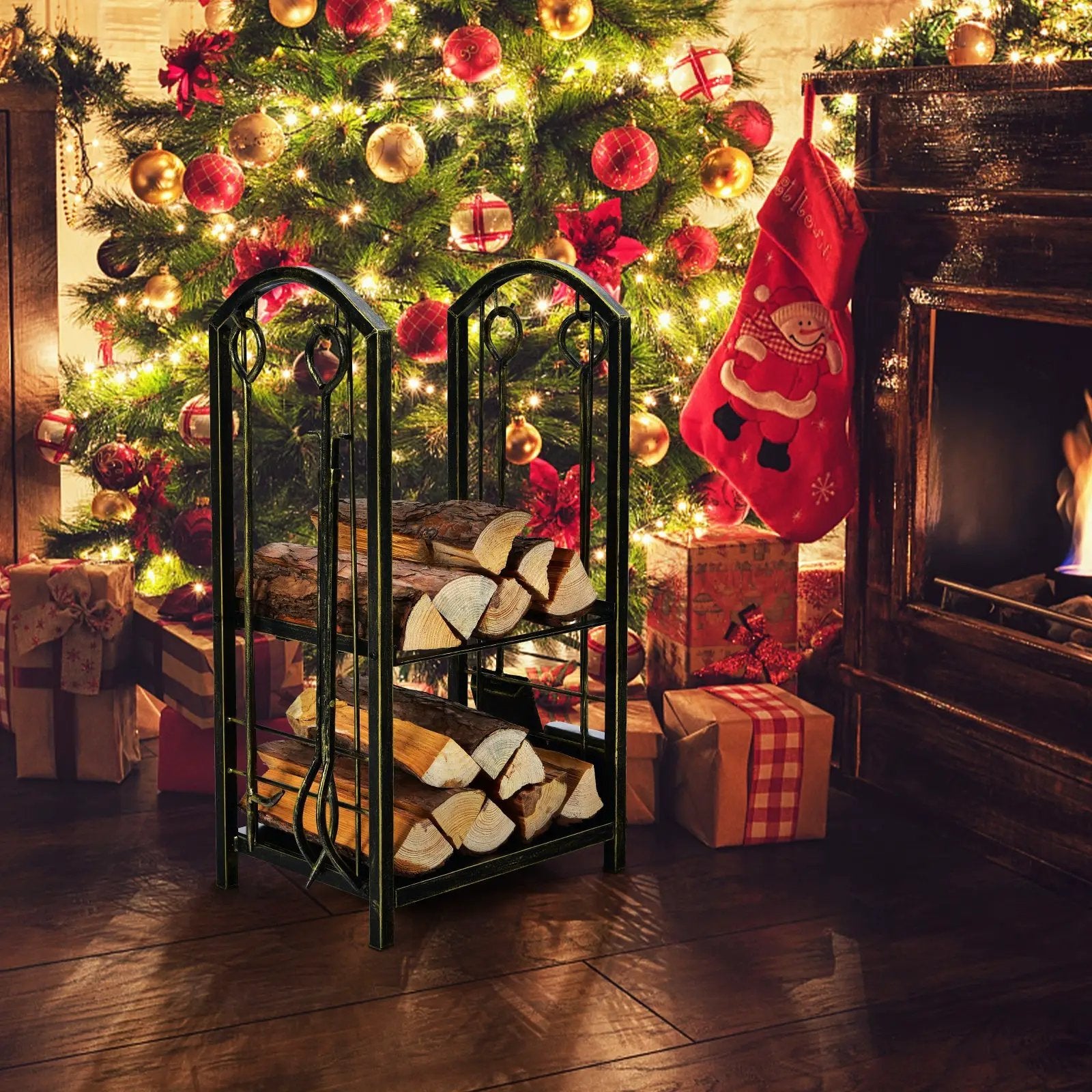 Fireplace Log Rack with 4 Tools Set Fireside Firewood Holder by DirectDeals