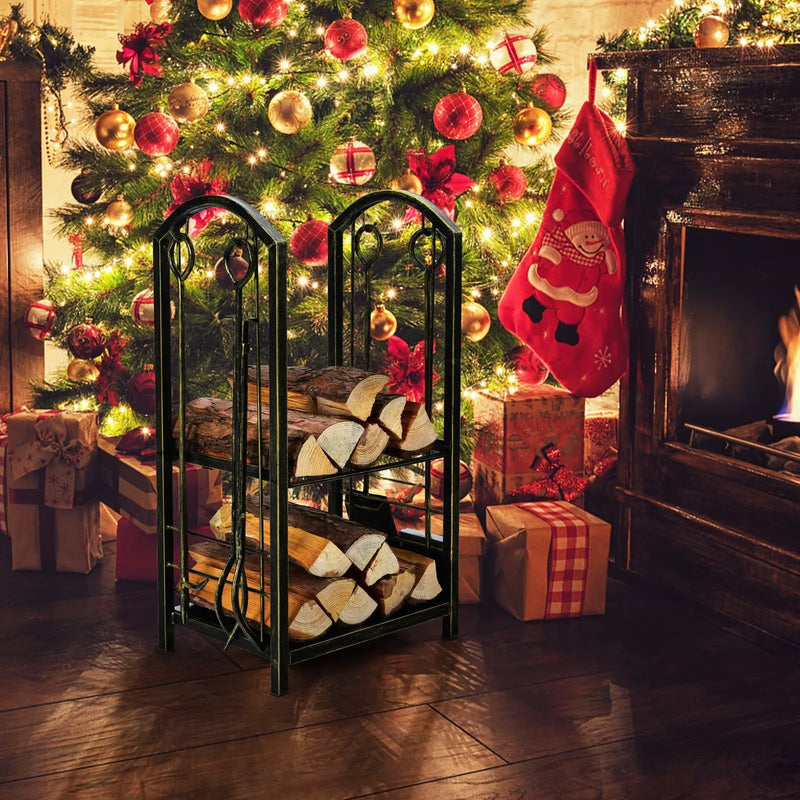 Fireplace Log Rack with 4 Tools Set Fireside Firewood Holder by DirectDeals