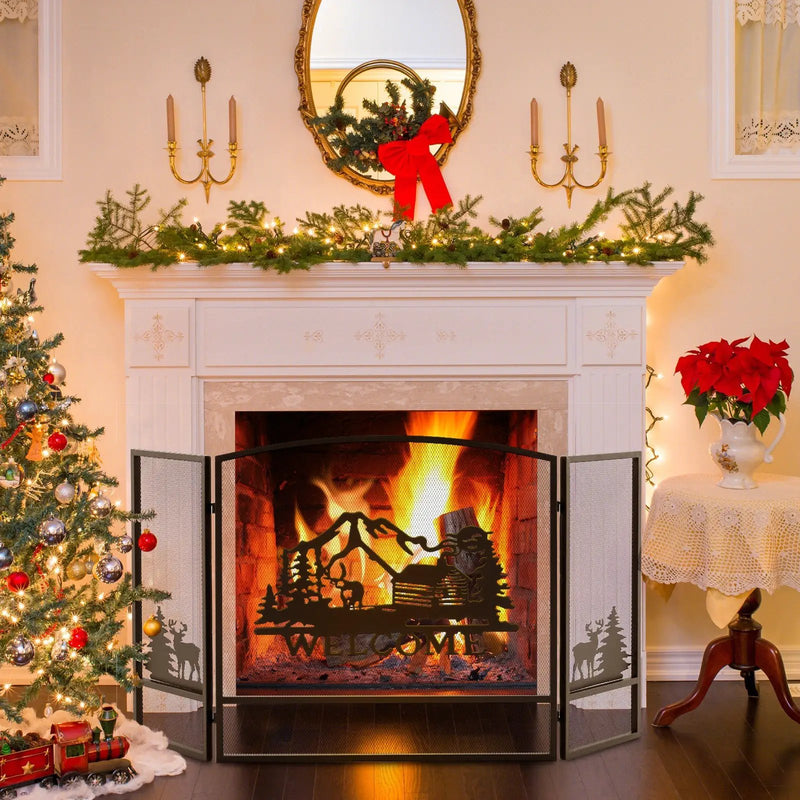 55 x 29.5 Inch Fireplace Screen with Natural Scenery and Moose Pattern-Black by DirectDeals