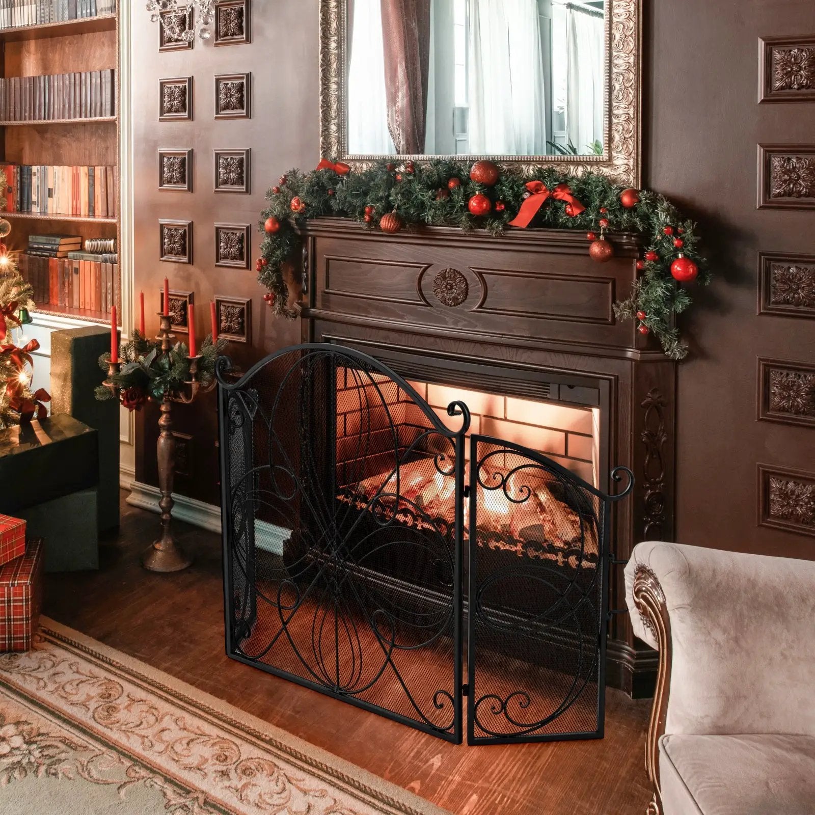 59.5 x 32.5 Inch Fireplace Screen with Floral Pattern-Black by DirectDeals