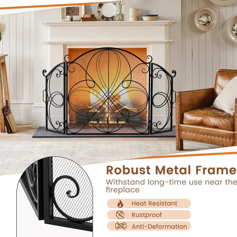 59.5 x 32.5 Inch Fireplace Screen with Floral Pattern-Black by DirectDeals