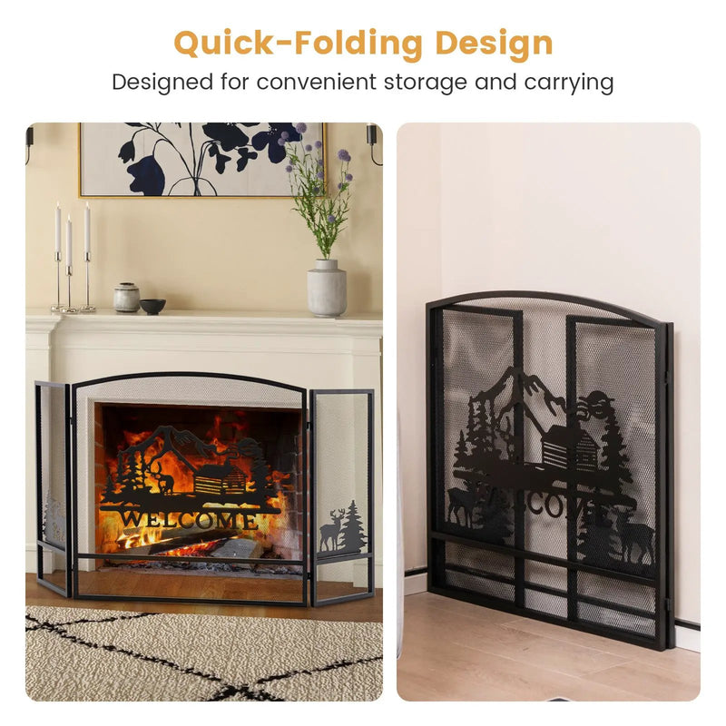 55 x 29.5 Inch Fireplace Screen with Natural Scenery and Moose Pattern-Black by DirectDeals