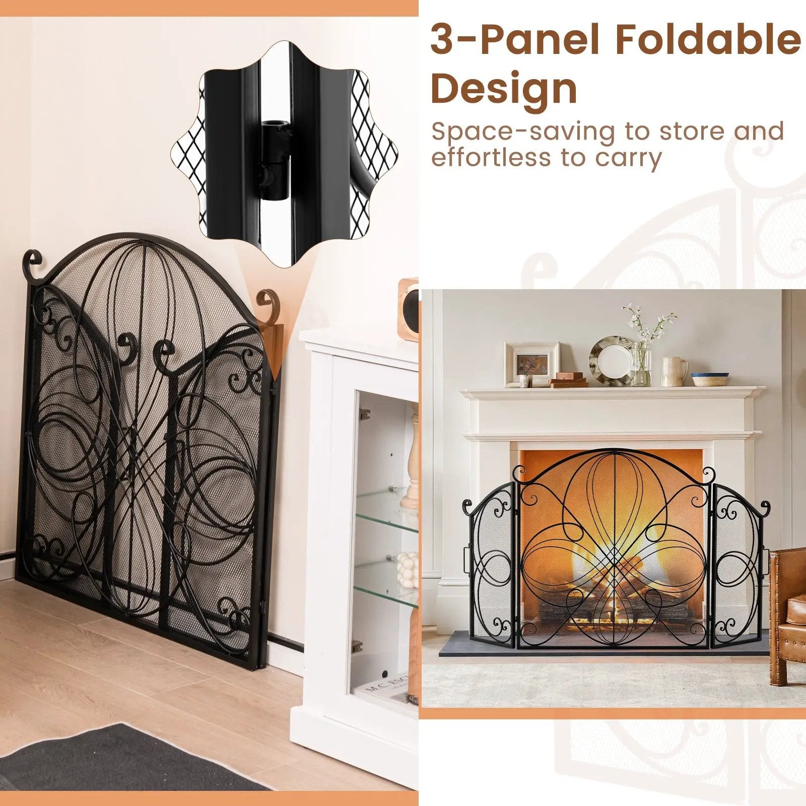 59.5 x 32.5 Inch Fireplace Screen with Floral Pattern-Black by DirectDeals