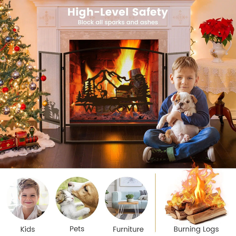 55 x 29.5 Inch Fireplace Screen with Natural Scenery and Moose Pattern-Black by DirectDeals