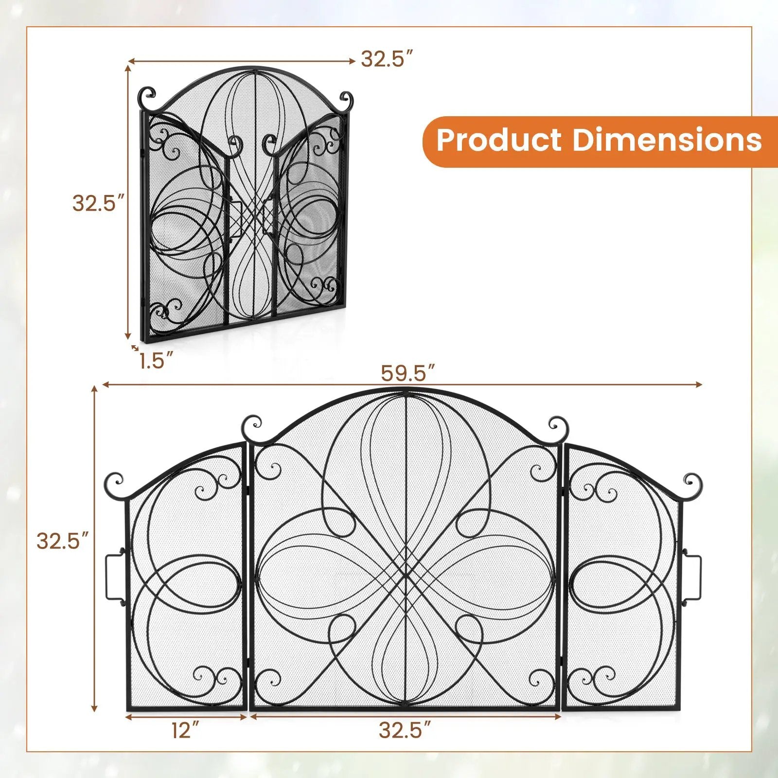59.5 x 32.5 Inch Fireplace Screen with Floral Pattern-Black by DirectDeals
