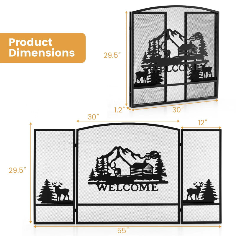 55 x 29.5 Inch Fireplace Screen with Natural Scenery and Moose Pattern-Black by DirectDeals