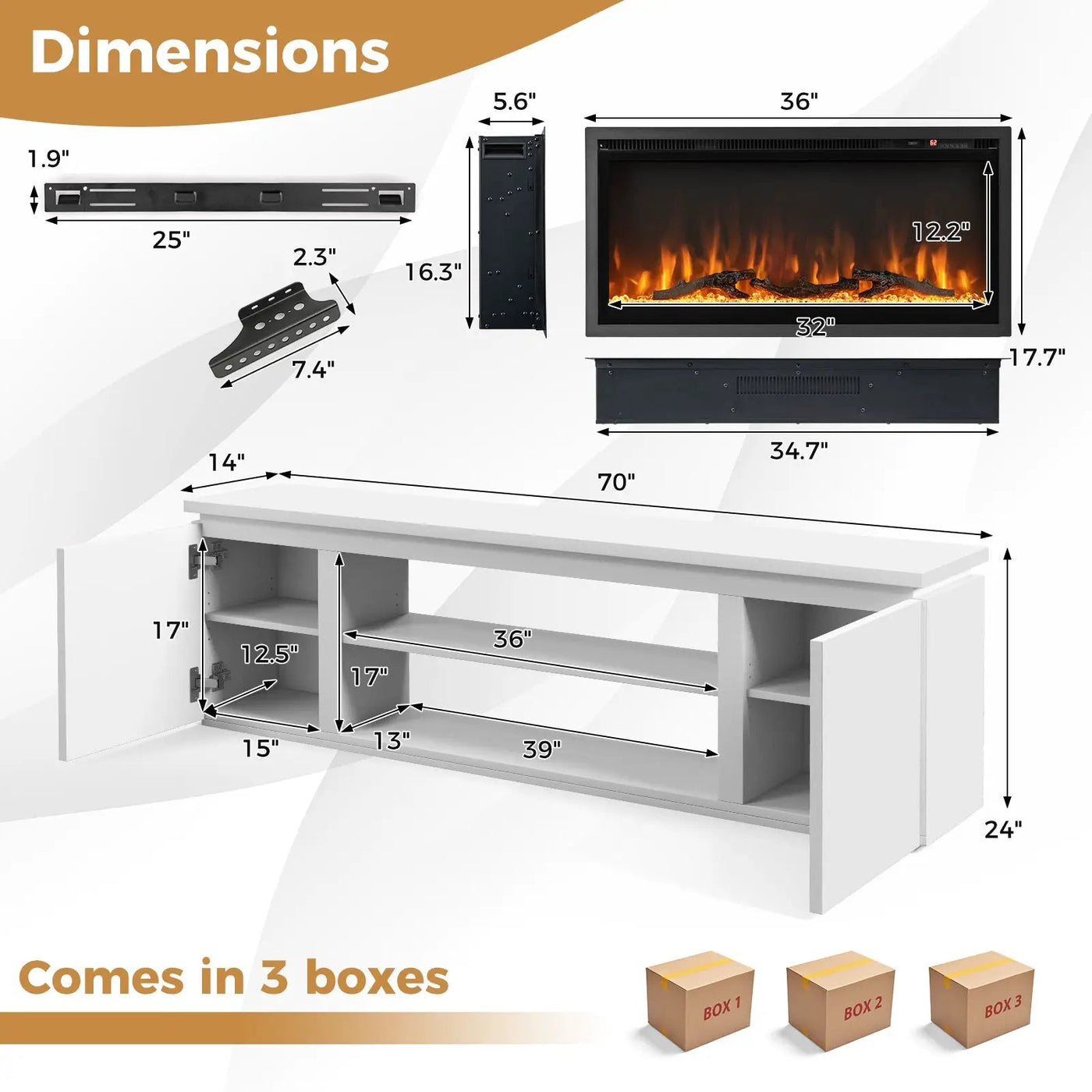 Fireplace TV Stand for TVs up to 80 Inch with 3 Adjustable Shelves by DirectDeals