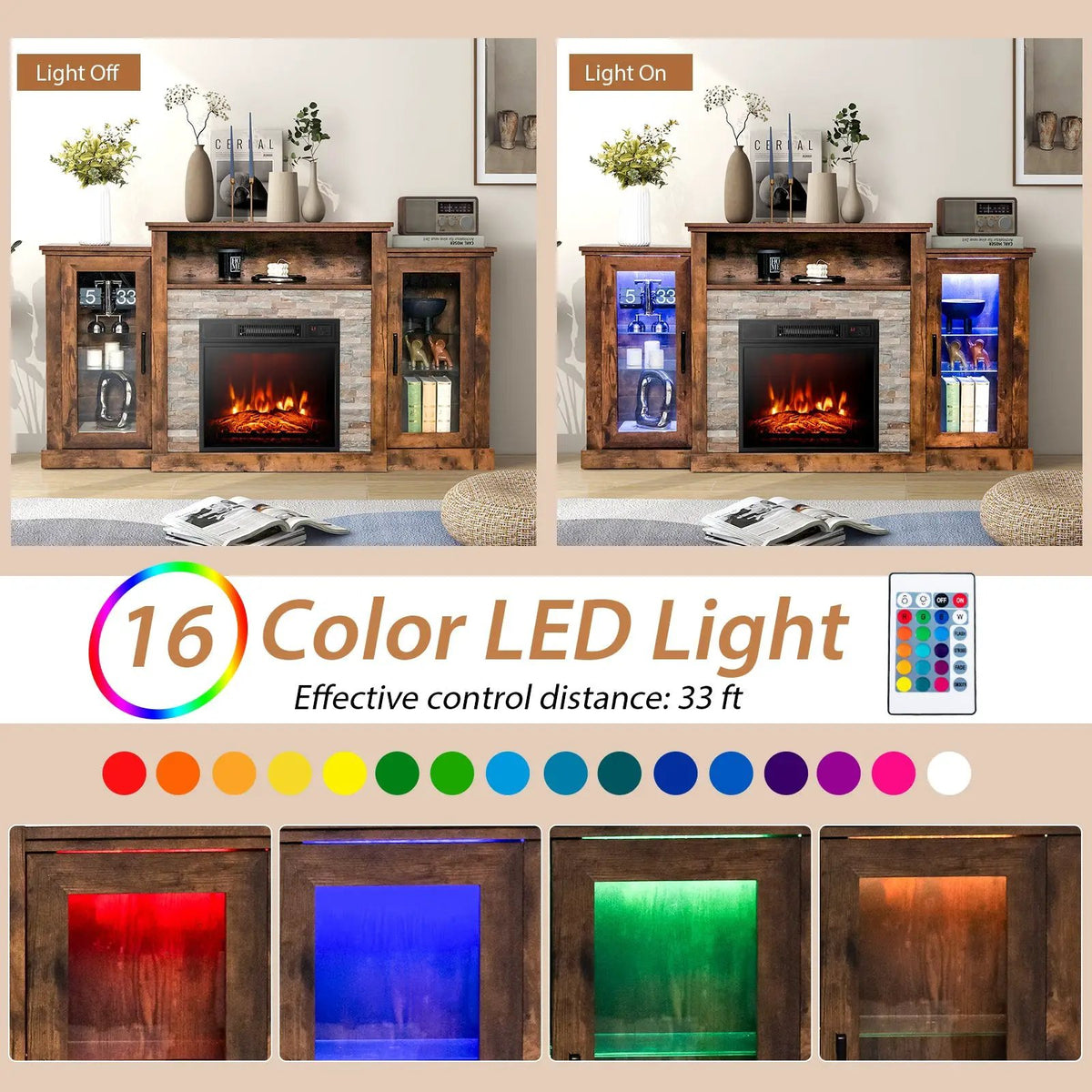Fireplace TV Stand with 16-Color Led Lights for TVs up to 65 Inch by DirectDeals