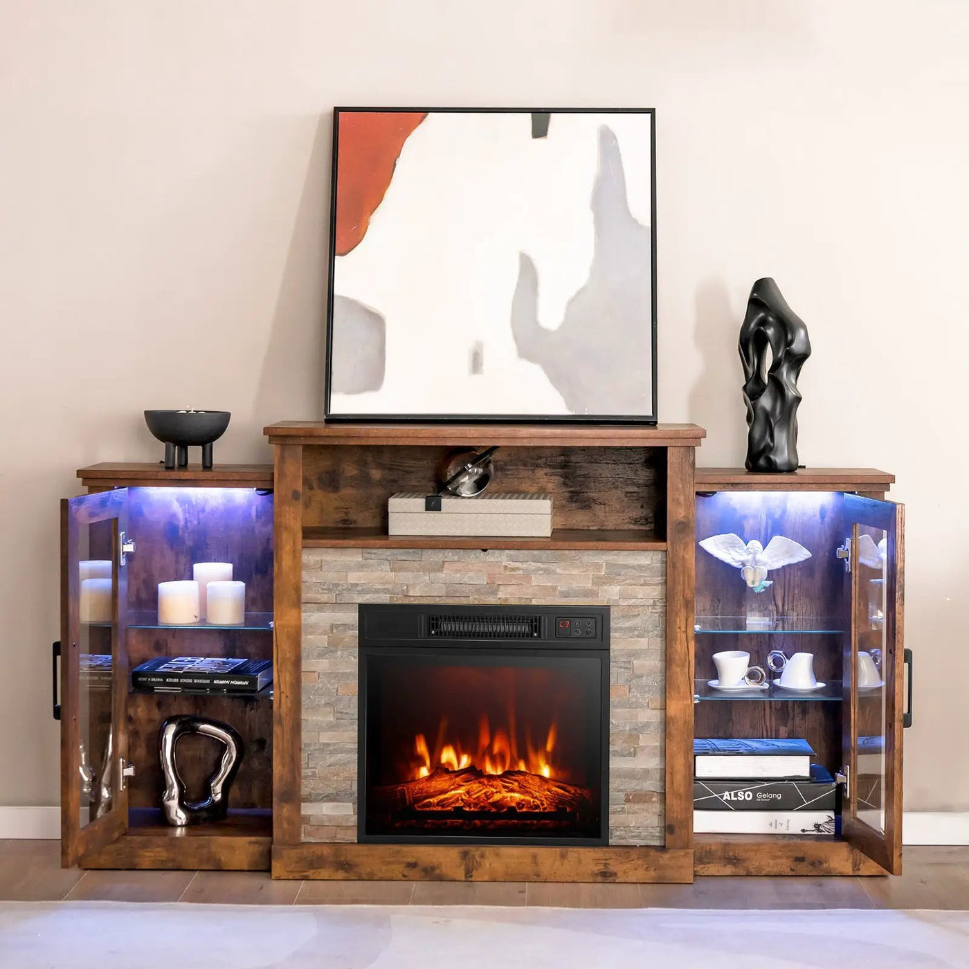 Fireplace TV Stand with 16-Color Led Lights for TVs up to 65 Inch by DirectDeals
