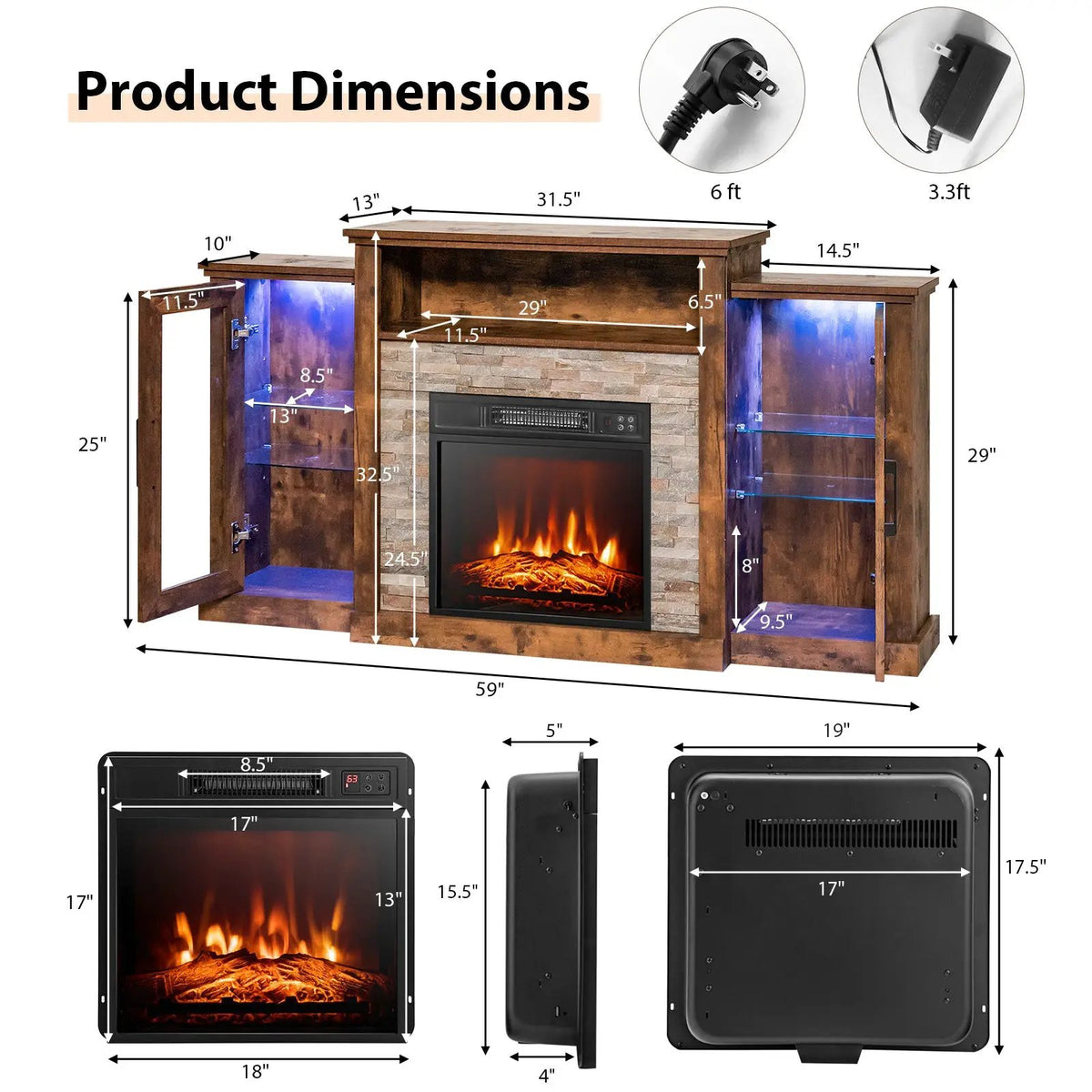 Fireplace TV Stand with 16-Color Led Lights for TVs up to 65 Inch by DirectDeals