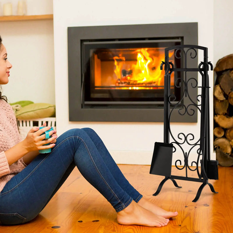 5 Piece Wrought Iron Fireplace Tools with Decor Holder-Black by DirectDeals