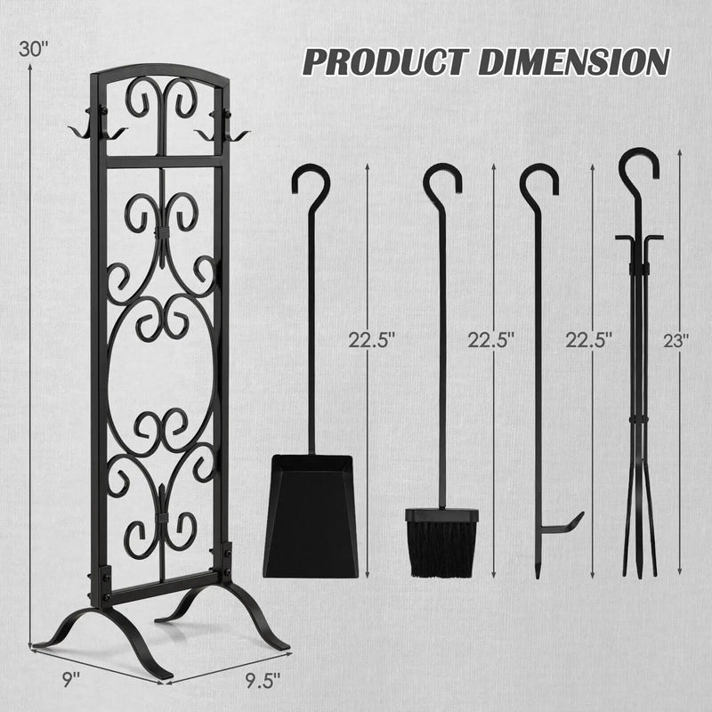 5 Piece Wrought Iron Fireplace Tools with Decor Holder-Black by DirectDeals