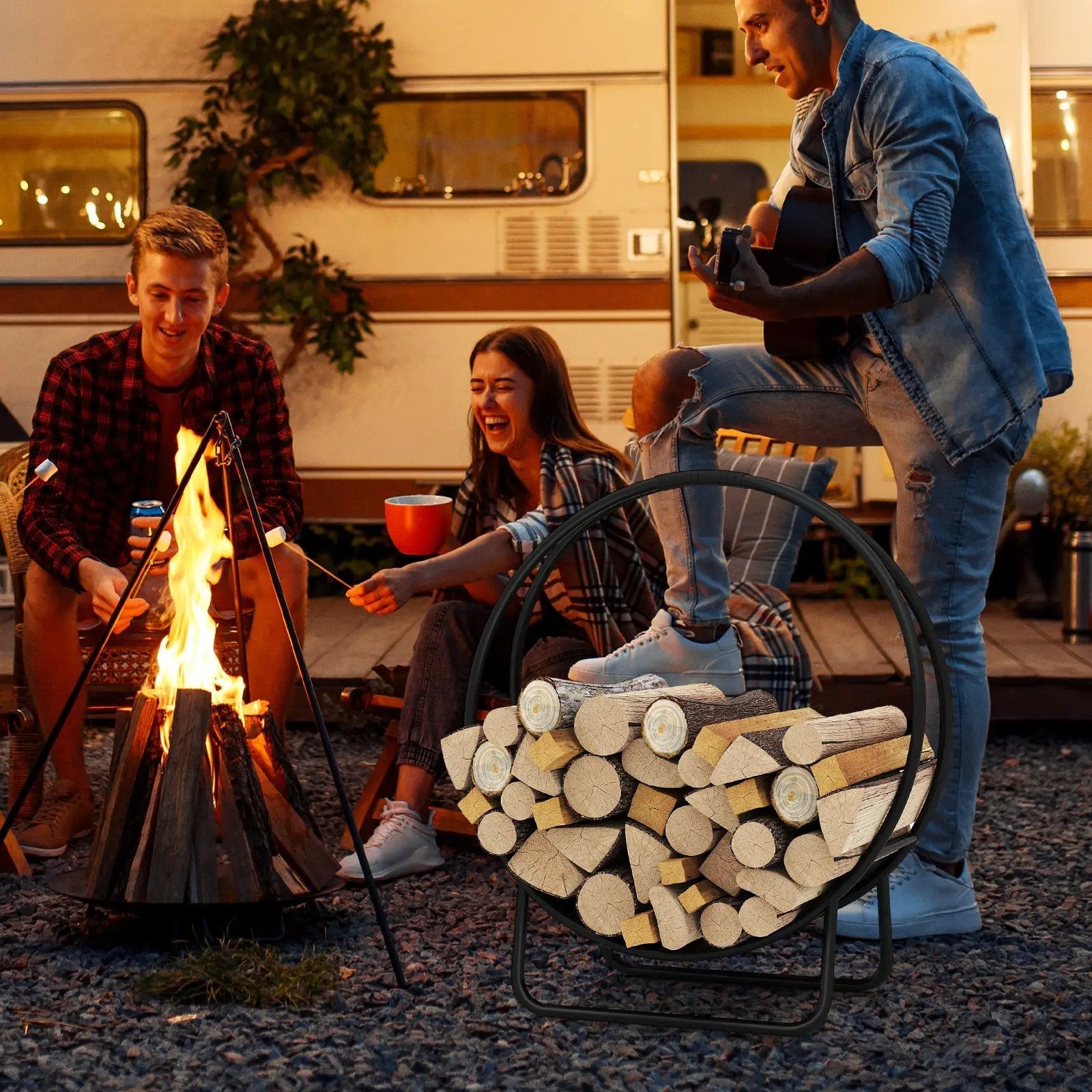 Firewood Log Hoop 20 Inch Round Heavy-duty Metal Curved Log Rack with Stand by DirectDeals