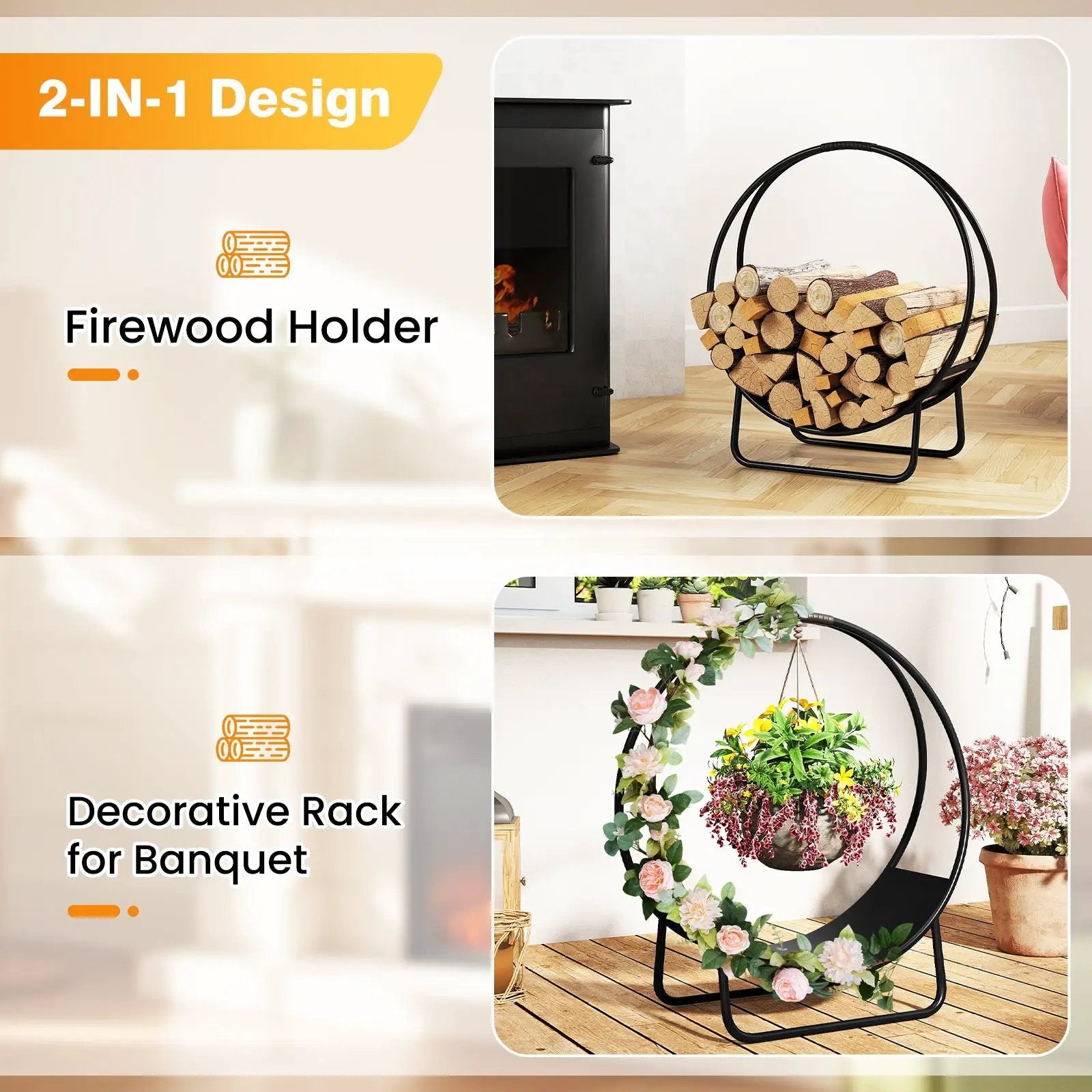 Firewood Log Hoop 20 Inch Round Heavy-duty Metal Curved Log Rack with Stand by DirectDeals