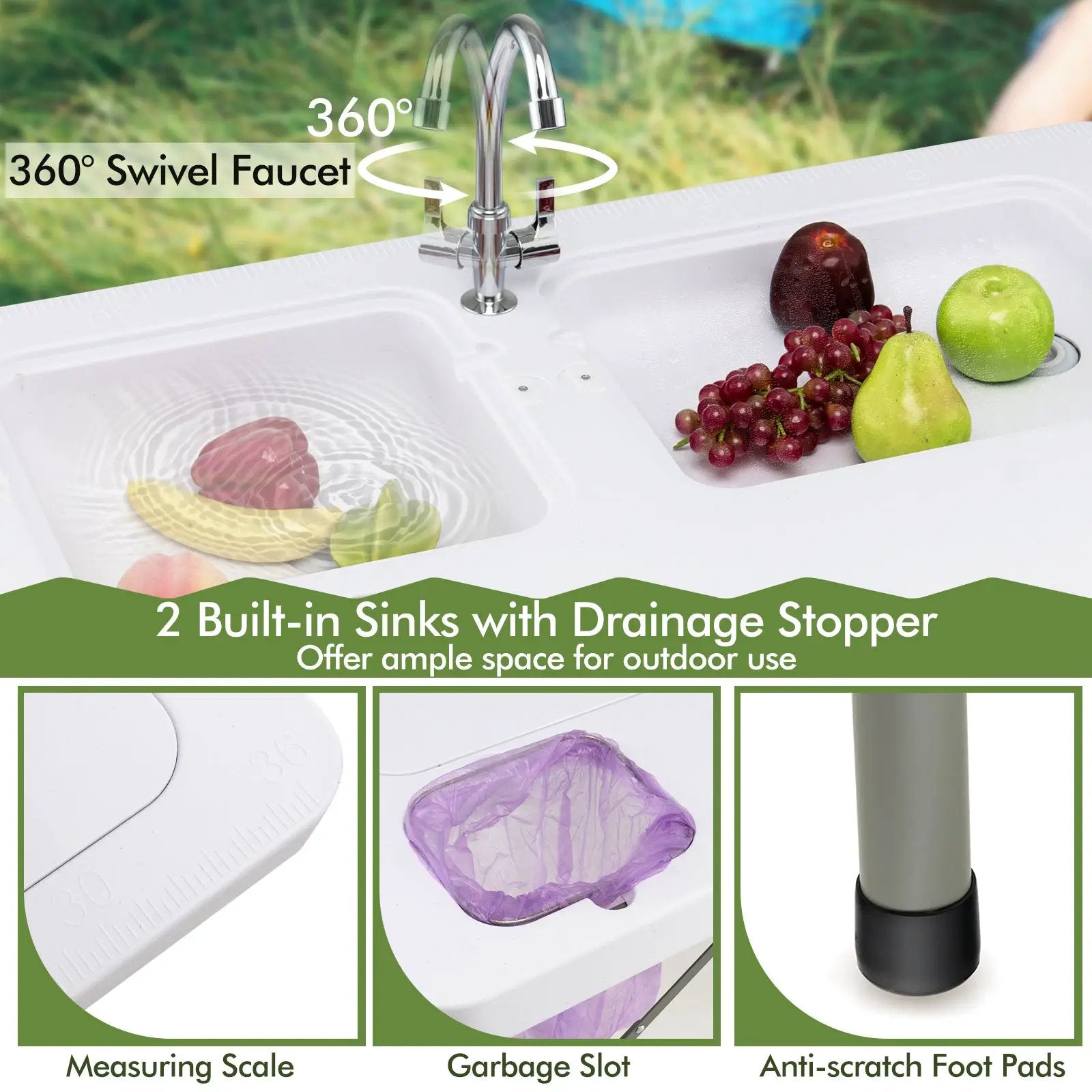 Fish Cleaning Table with 2 Sinks and 360° Rotatable Fauce-White by DirectDeals