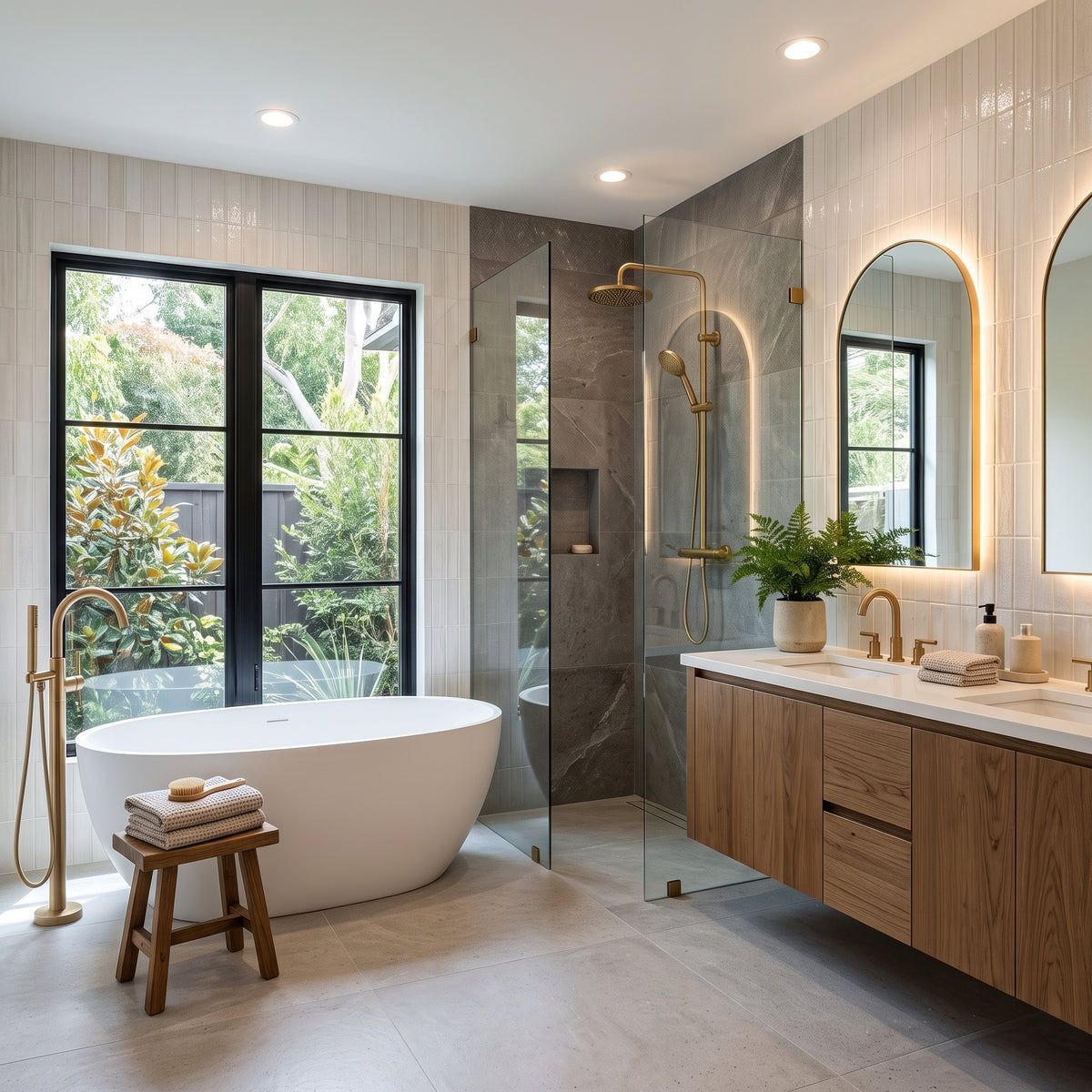 A modern bathroom interior with a freestanding oval bathtub, glass shower enclosure, wood vanity, white marble countertop, and large windows looking out onto greenery.