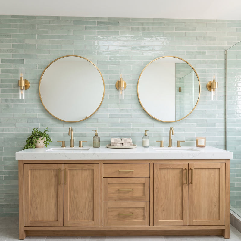 A double-sink bathroom vanity with light oak wood cabinets, a white marble countertop, and gold hardware, set against a pale green subway tile wall with two round gold-framed mirrors and wall sconces.