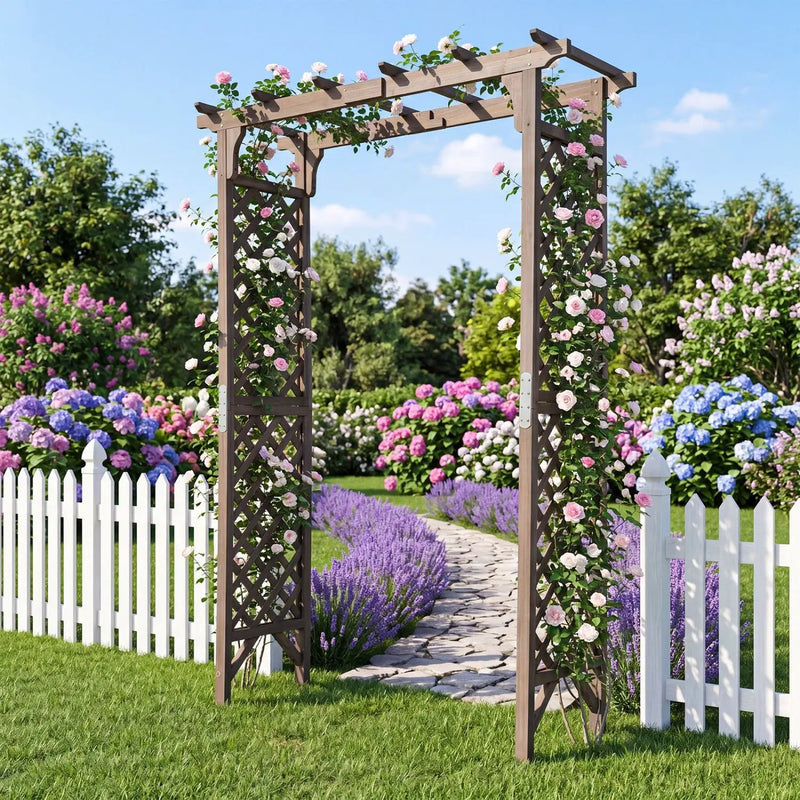 Garden Arch with Gate 85" Tall Wood for Climbing Plants by DirectDeals