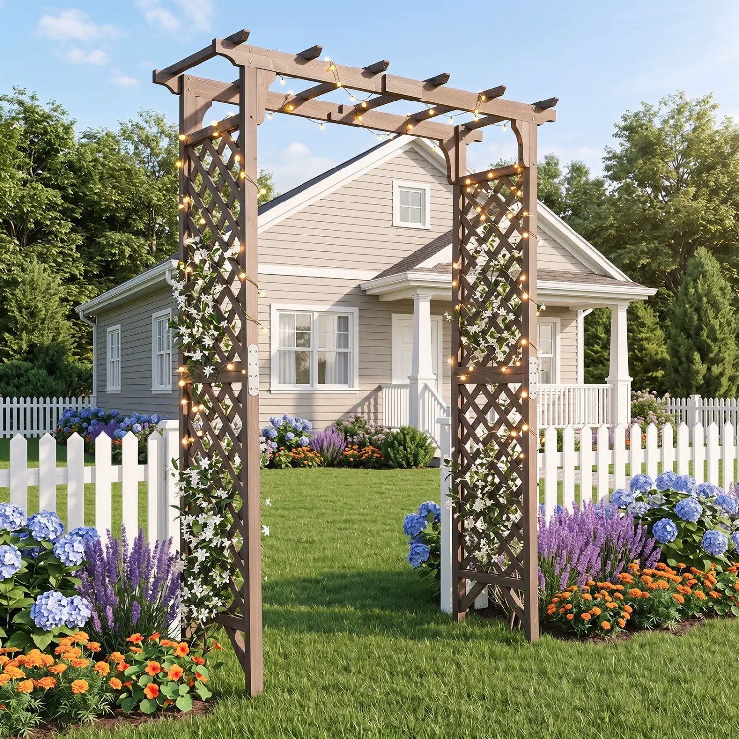 Garden Arch with Gate 85" Tall Wood for Climbing Plants by DirectDeals