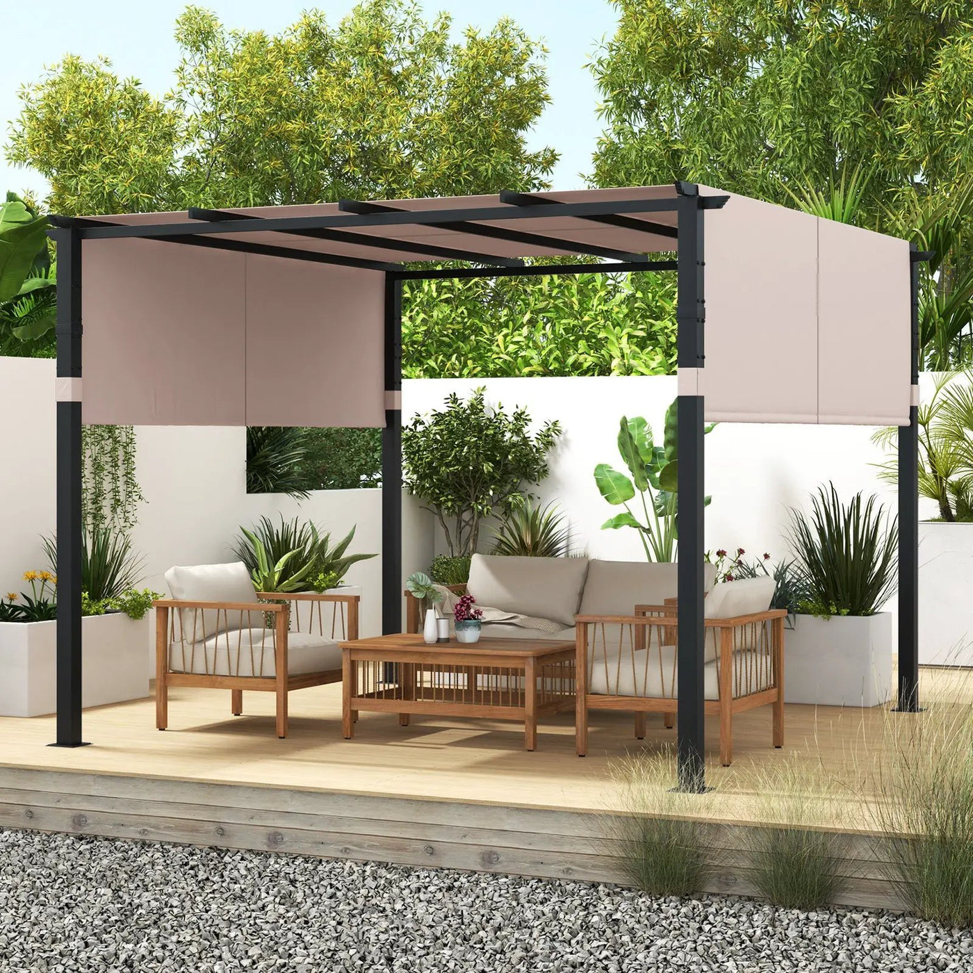 10 x 10 ft Flat Top Pergola with Retractable Canopy for Garden Pool Porch and Backyard