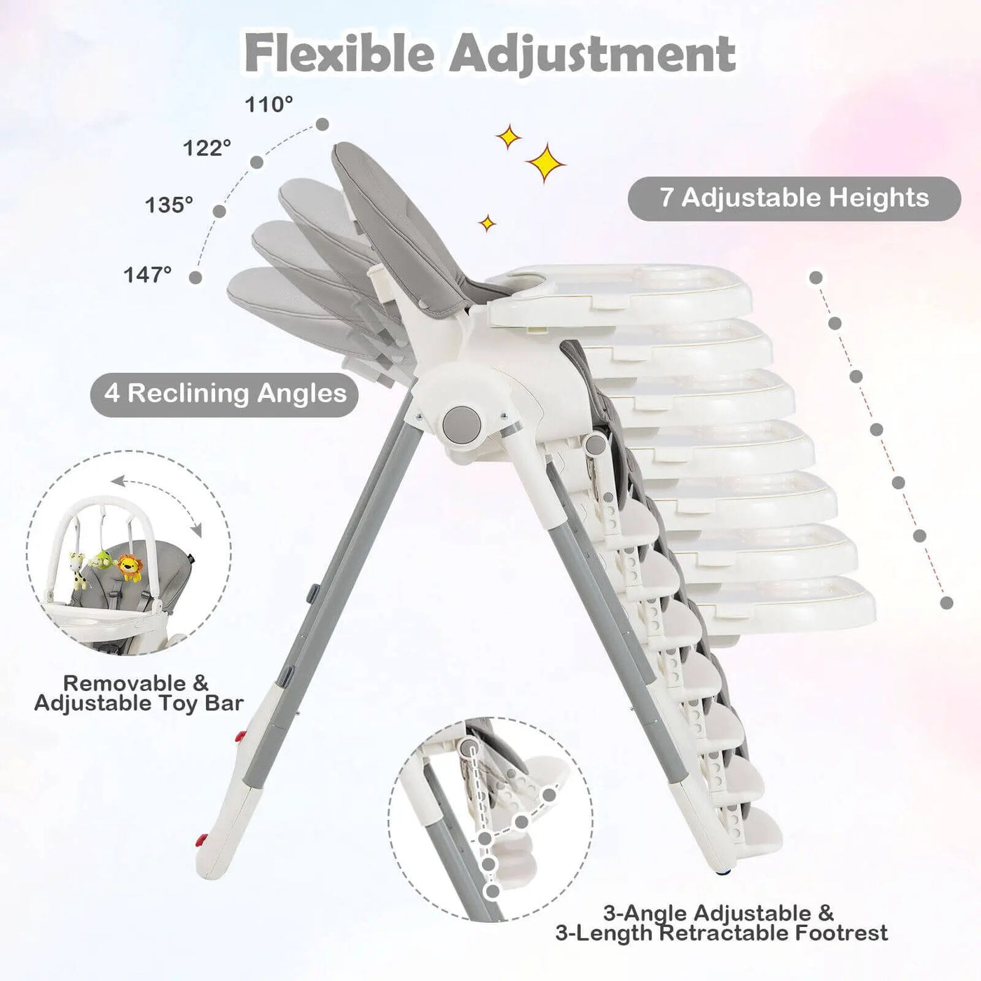 4-in-1 Foldable Baby High Chair with 7 Adjustable Heights and Free Toys Bar by DirectDeals