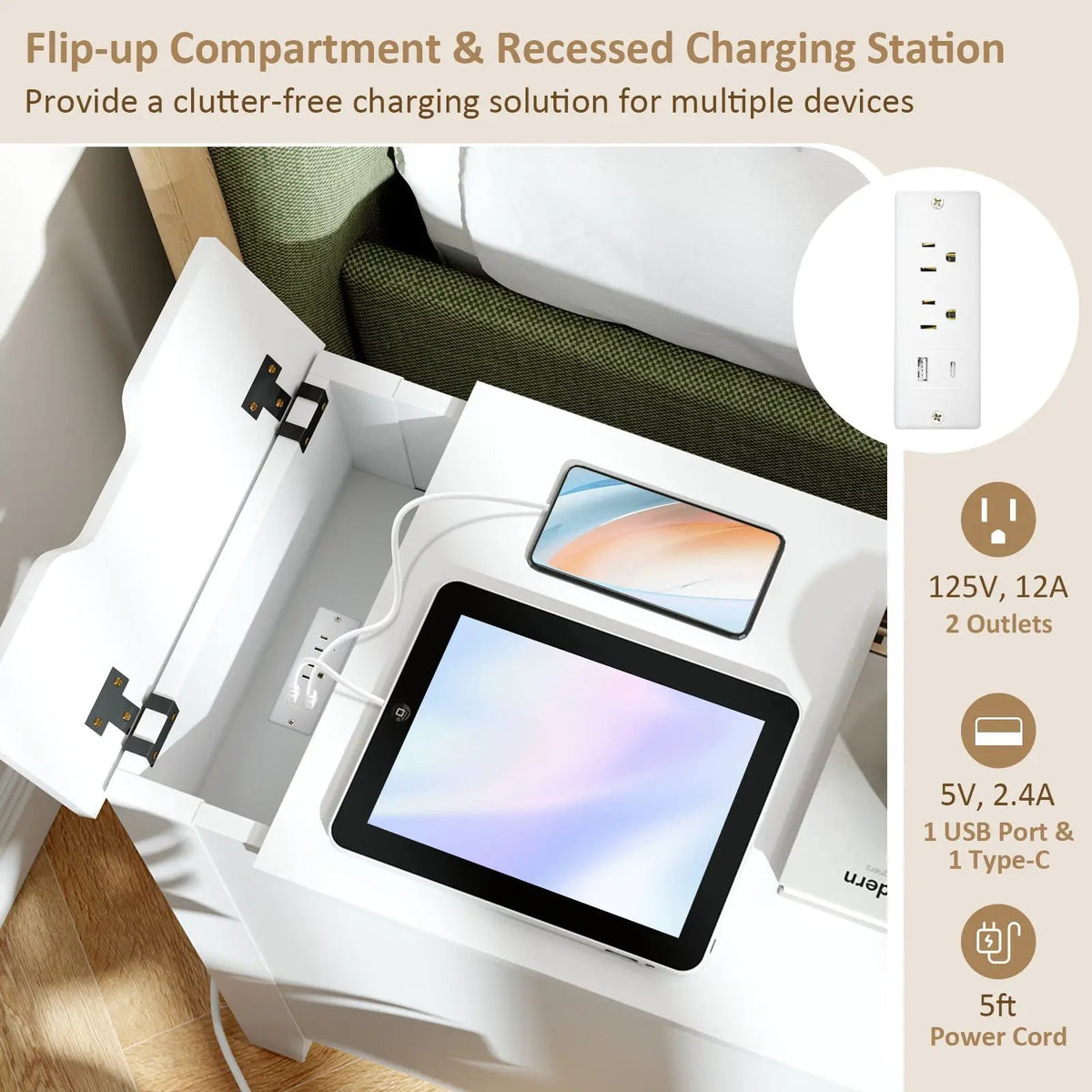 Flip Top End Table with Charging Station USB Ports Outlets and Drawer by DirectDeals
