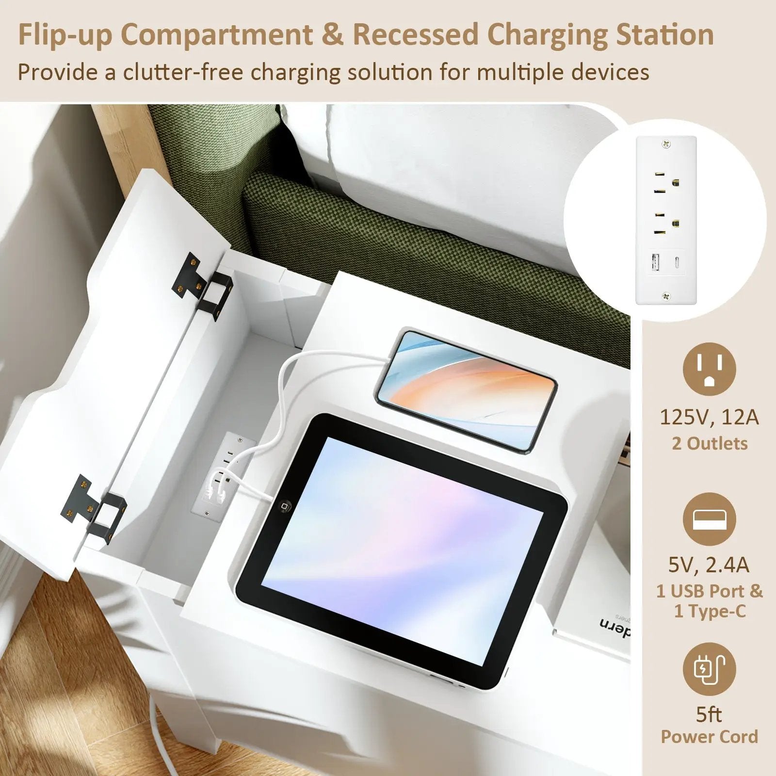 Flip Top End Table with Charging Station USB Ports Outlets and Drawer by DirectDeals