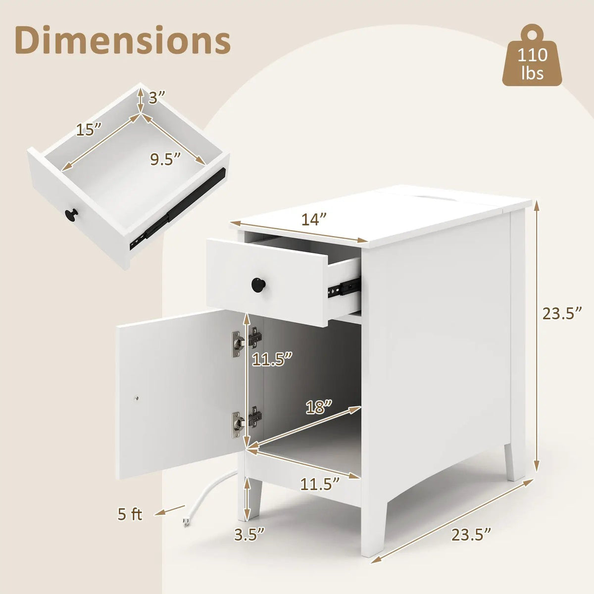 Flip Top End Table with Charging Station USB Ports Outlets and Drawer by DirectDeals