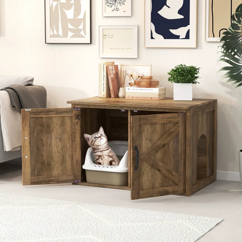Flip Top Hidden Cat Washroom Furniture with Double Barn Doors and Removable Divider by DirectDeals