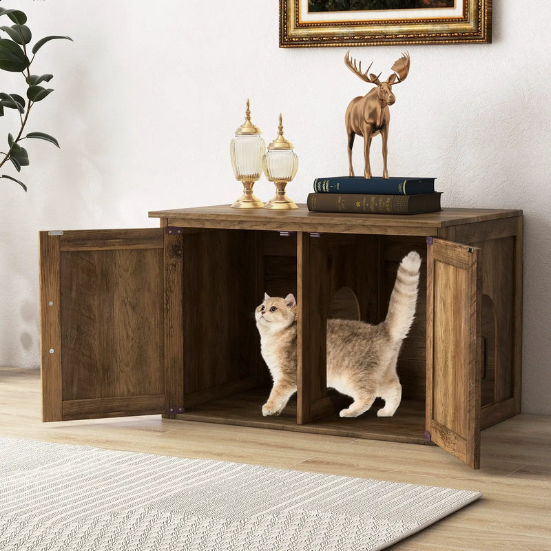 Flip Top Hidden Cat Washroom Furniture with Double Barn Doors and Removable Divider by DirectDeals