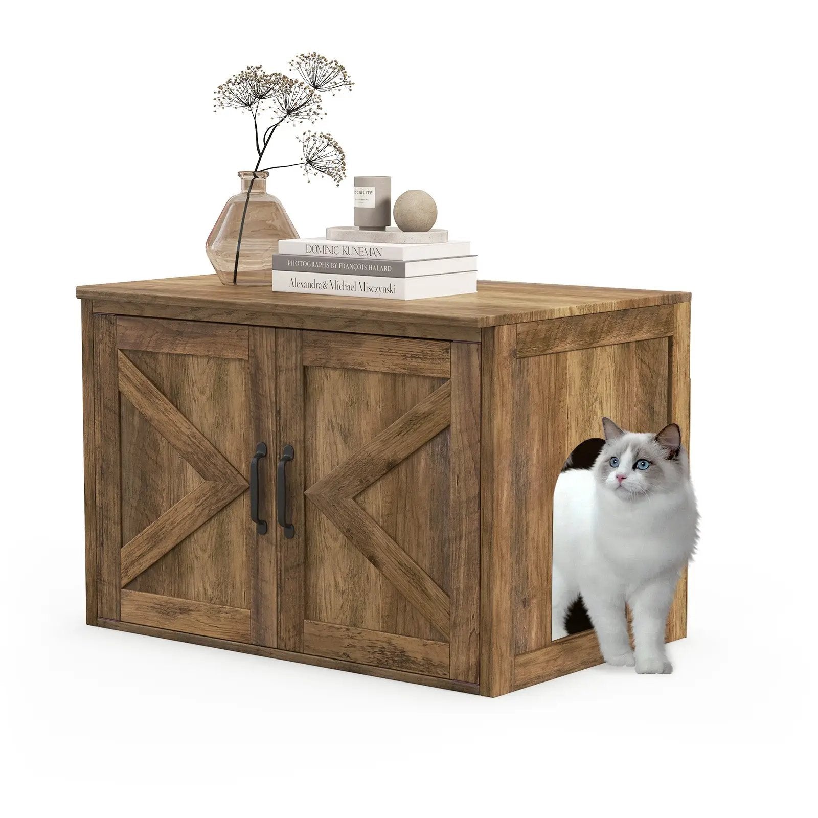 Flip Top Hidden Cat Washroom Furniture with Double Barn Doors and Removable Divider by DirectDeals