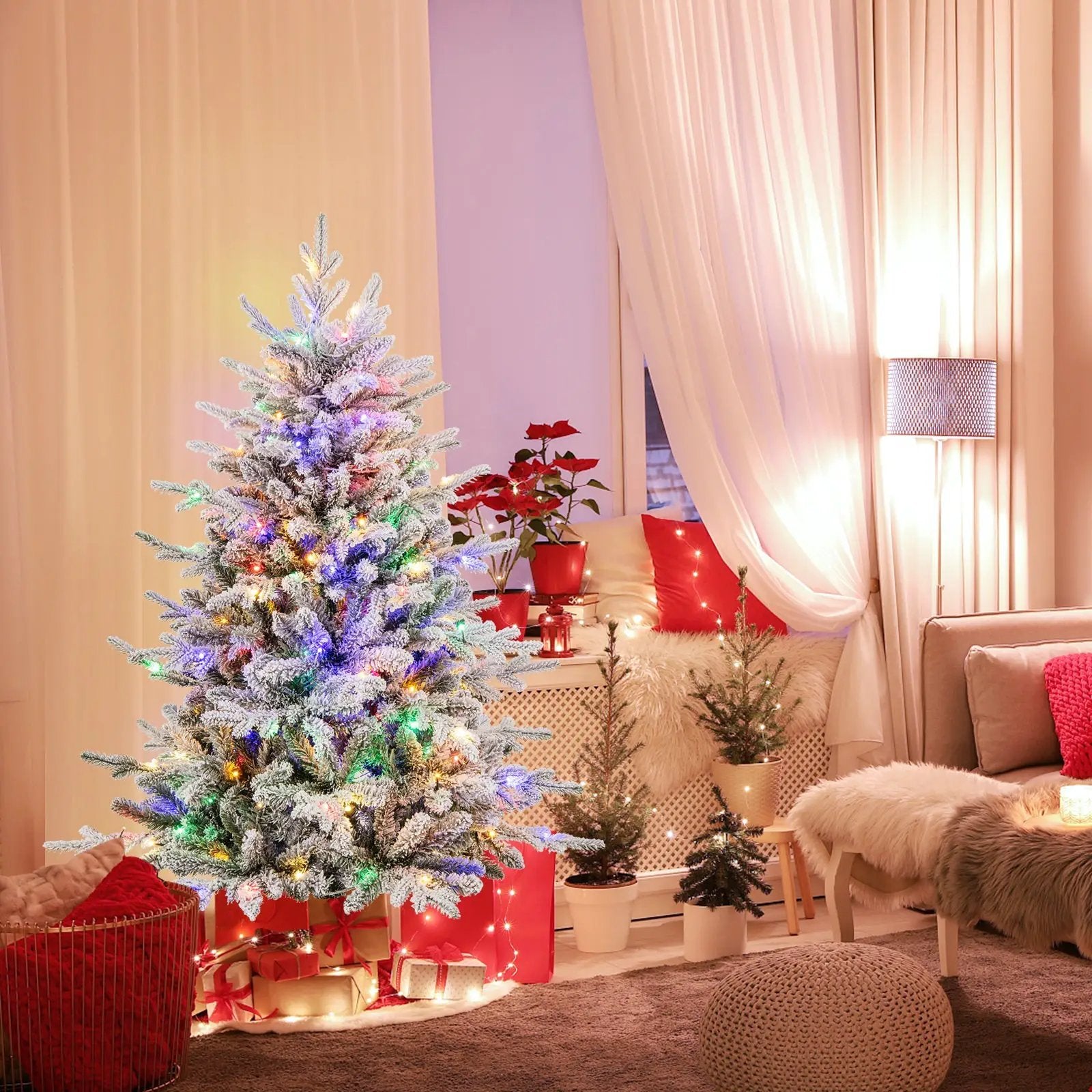 7 Feet Flocked Christmas Tree with 8 Lighting Modes and Multi-Color LED Lights by DirectDeals