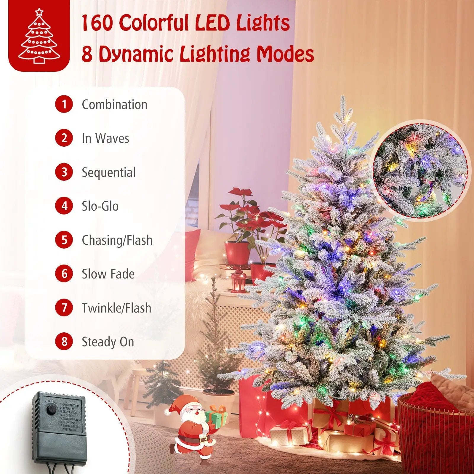 7 Feet Flocked Christmas Tree with 8 Lighting Modes and Multi-Color LED Lights by DirectDeals