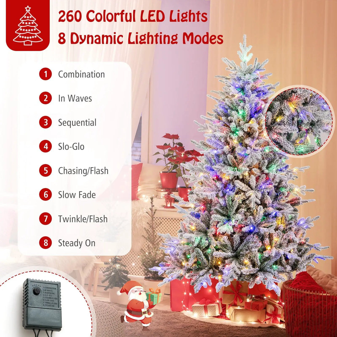 7 Feet Flocked Christmas Tree with 8 Lighting Modes and Multi-Color LED Lights by DirectDeals