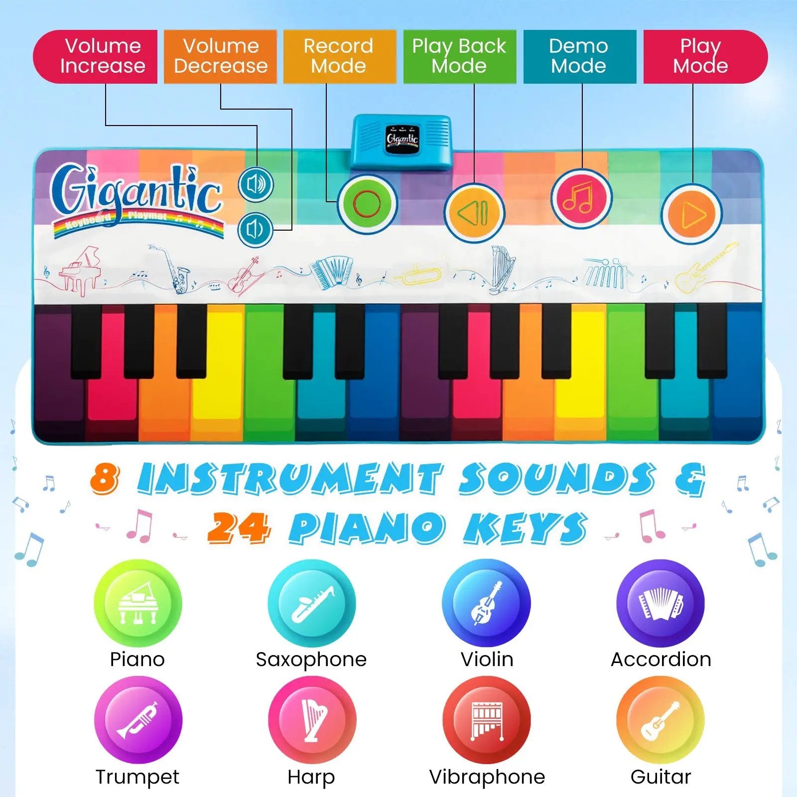 Floor Piano Dance Mat for Kids Musical Playmat with 8 Instrument Sounds by DirectDeals