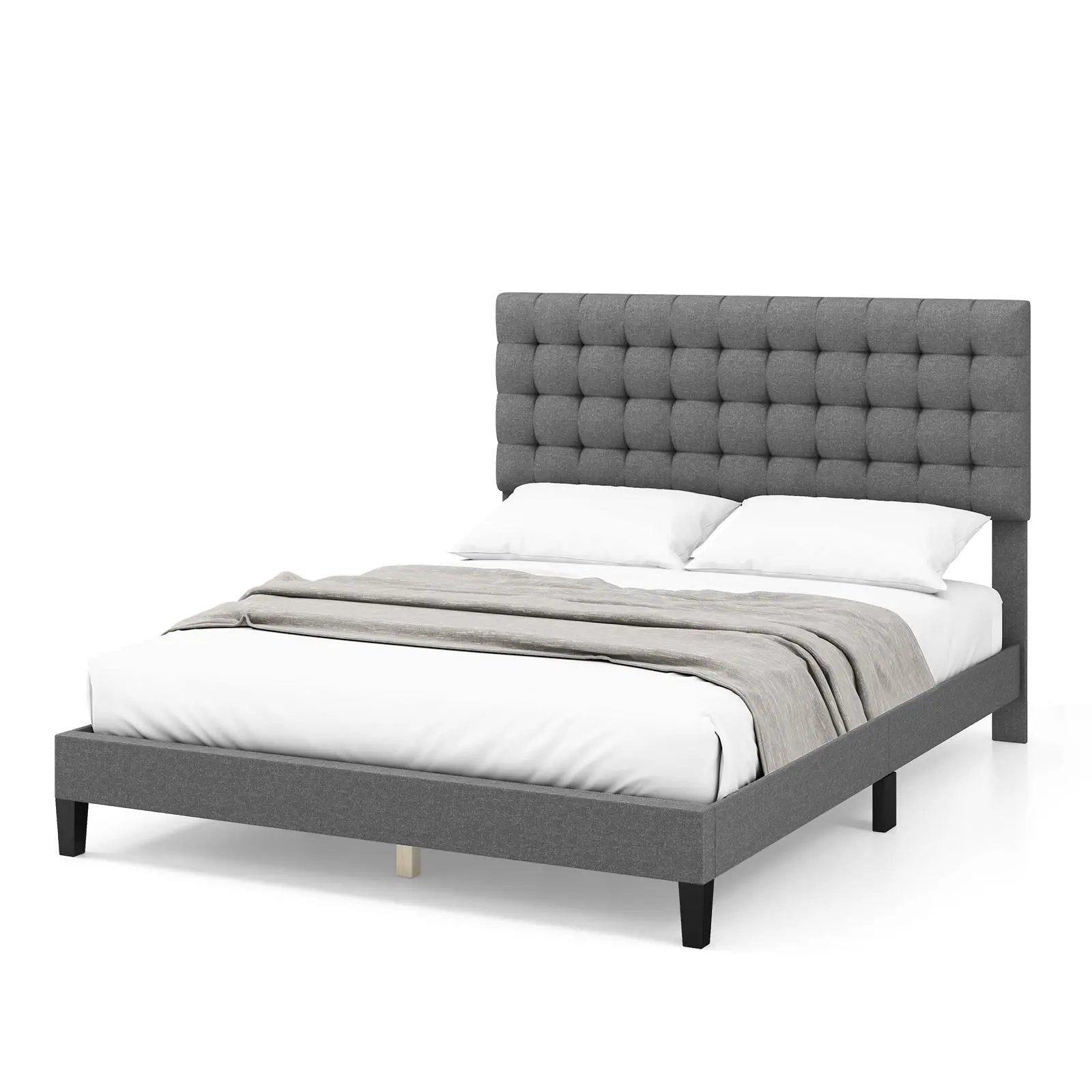 Queen Size Upholstered Platform Bed with Square Stitched Headboard by DirectDeals