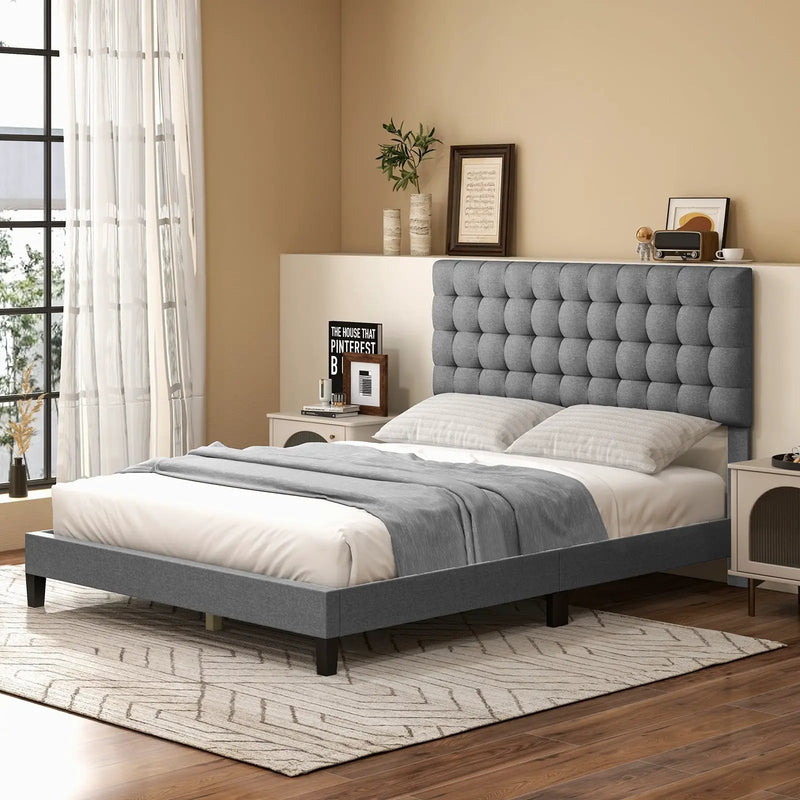 Queen Size Upholstered Platform Bed with Square Stitched Headboard by DirectDeals