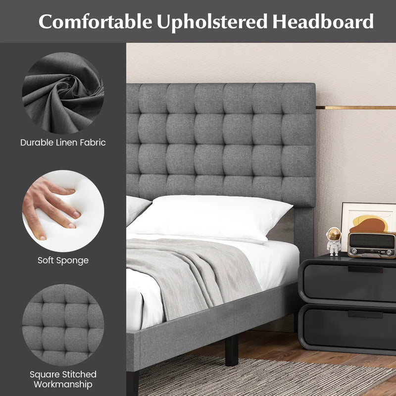 Queen Size Upholstered Platform Bed with Square Stitched Headboard by DirectDeals