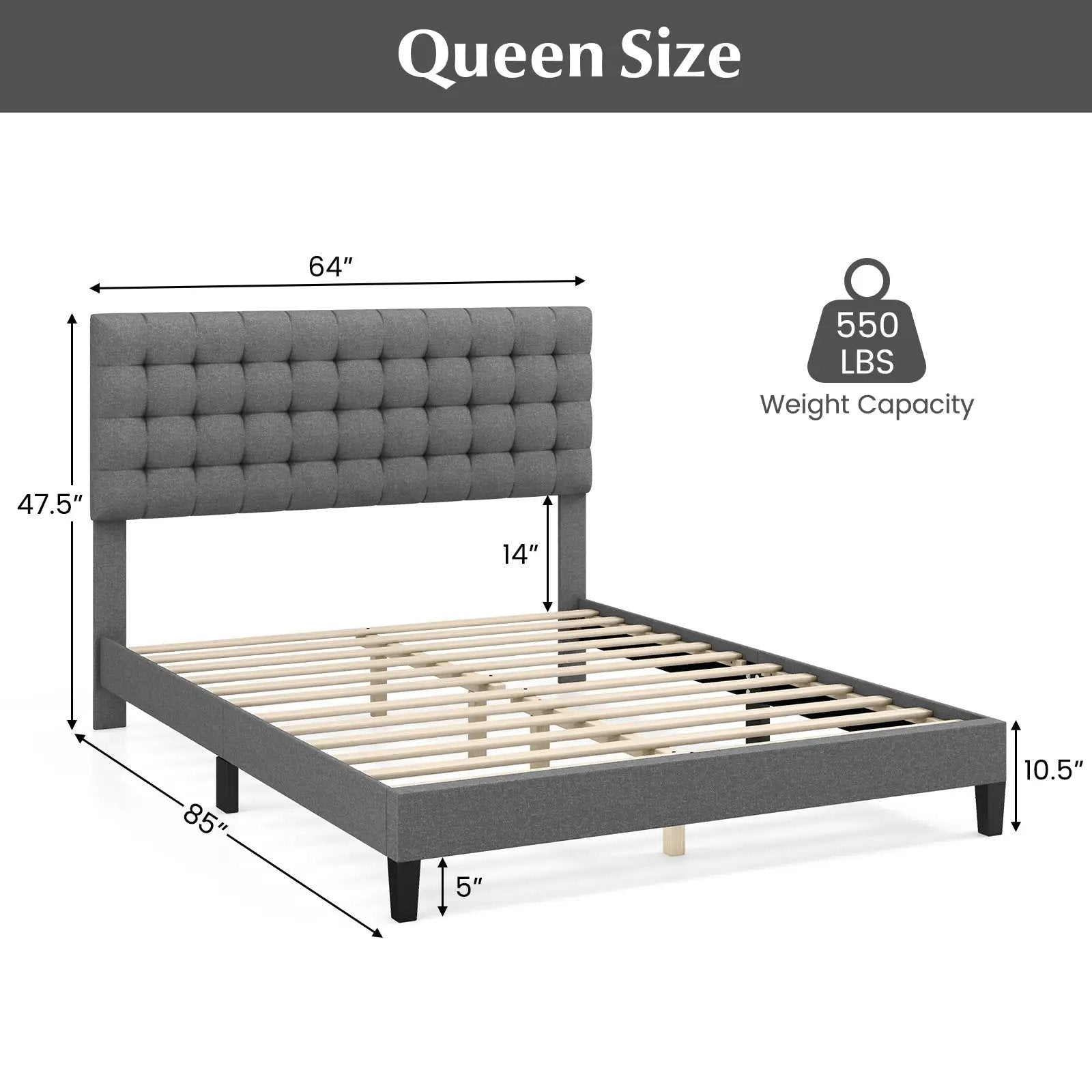 Queen Size Upholstered Platform Bed with Square Stitched Headboard by DirectDeals