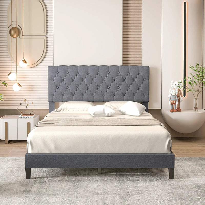 Queen Size Upholstered Platform Bed with Button Tufted Headboard-Queen by DirectDeals
