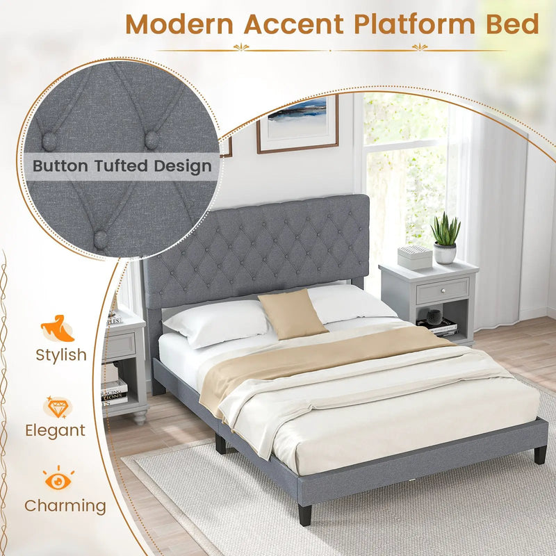 Queen Size Upholstered Platform Bed with Button Tufted Headboard-Queen by DirectDeals